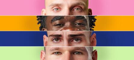 Diverse group of people showcasing unique facial features and expressions on a colorful background photo