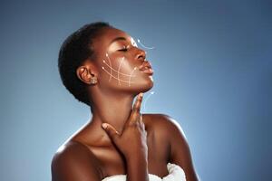 Skincare techniques demonstrated by model with radiant skin in beauty studio photo