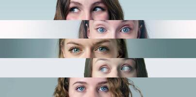 Various close-up perspectives of eyes showcasing diverse expressions and emotions in a creative artistic arrangement photo