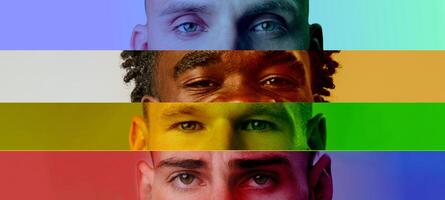 Diverse group of men with striking eyes and colorful backgrounds during a creative portrait session photo