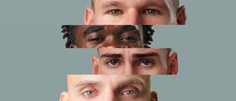 Diverse group of individuals showcasing unique expressions against a simple background in a creative portrait photo