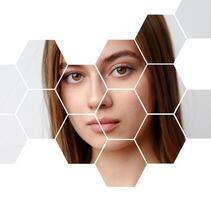 Creative hexagonal portrait of a young woman showcasing beauty and artistry photo
