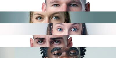 Diverse group of individuals with striking blue eyes showcasing unity and connection photo