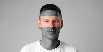 Artistic portrait of a man with abstract overlay in a minimalist setting during daylight photo