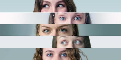 Multiple close-up views of expressive eyes showcasing diverse emotions and perspectives in a minimalist setting during daylight hours photo