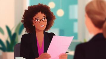 Professional interview in modern office between two women discussing career opportunities during daylight hours photo