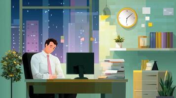 Working late at night in a modern office with a view of city lights and a clock showing the time photo