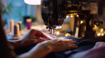 Sewing process at a home studio during evening hours with soft lighting and colorful threads photo