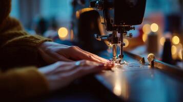 Evening sewing session with soft lighting creating a cozy atmosphere in a textile studio photo