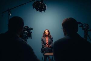 Interview session with a professional speaker against a solid blue backdrop in a studio setting photo