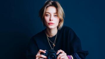 Woman holding camera poses against dark blue backdrop in studio setting during artistic photoshoot photo