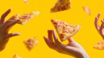 People catch flying pizza slices against a bright yellow background during a fun pizza-themed event photo