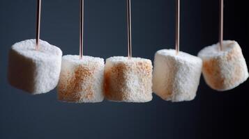 Delicious marshmallows suspended on skewers ready for roasting over a fire at a campsite during a cool evening photo