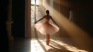 Young dancer performs gracefully in a sunlit studio wearing a delicate tutu and ballet shoes during a late afternoon practice session photo