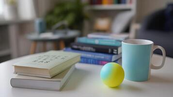 Books, a colorful ball, and a cup on a table in a cozy reading nook during daylight photo