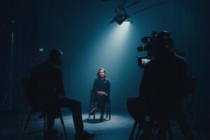 Interview in a dimly lit studio with a woman responding to questions from an unseen interviewer photo