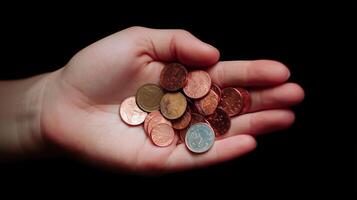 Coins held in hand showcasing various denominations in a dark setting during the day photo