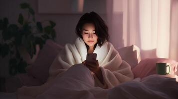 Cozy evening indoors while engaged with a smartphone, surrounded by soft light and blankets photo