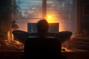 Sunset glow illuminates a person working at a computer desk in a cozy indoor setting during evening hours photo