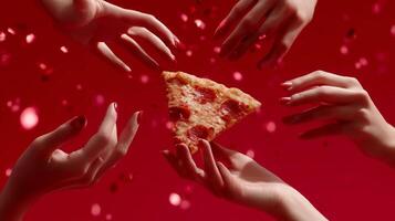 Hands reaching for a slice of pepperoni pizza against a vibrant red background with confetti photo