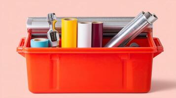 Colorful toolbox filled with various rolls and painting supplies on a light background photo