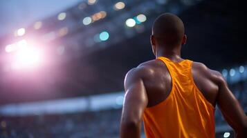 Runner prepares for competition under stadium lights during evening athletic event photo