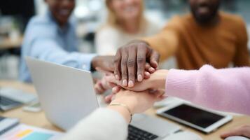 Teamwork and collaboration at an office setting with hands joining together over a laptop during a brainstorming session photo