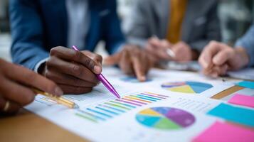 Team collaborating on data analysis using charts and graphs to drive business decisions during a meeting in an office photo