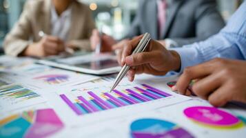 Team collaboration on financial analysis with charts and graphs in a modern office setting during a business meeting photo