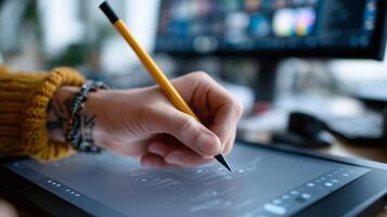 Creative digital artist working on tablet in modern workspace with soft lighting and computer screens displaying vibrant designs photo