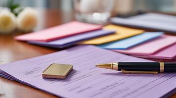 Colorful stationery and a pen on a wooden table in a cozy workspace during mid-afternoon hours photo