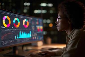 Late night data analysis in a modern office with colorful graphs and charts displayed on the screen photo