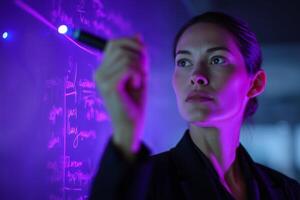 Scientist conducting research with a UV light in a modern laboratory while writing on a blackboard photo