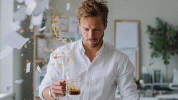 Coffee spills over as a man in a white shirt focuses intensely on his work in a modern office photo