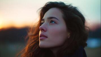 Woman gazing into the horizon during sunset, immersed in thought and reflection in a tranquil outdoor setting photo