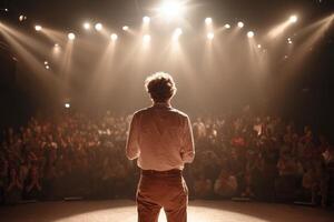 Engaging speaker presents to enthusiastic audience in a dimly lit theater during a live performance photo