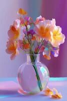 Colorful flower arrangement in a clear vase on a softly lit table photo