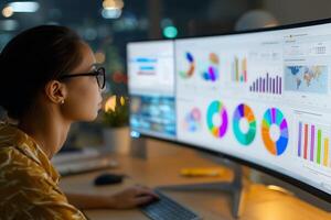 Data analyst works on multiple screens showcasing visual graphs and statistics in an office environment during nighttime photo
