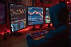 Person engaged in trading activities in a dimly lit room with multiple monitors displaying financial data and graphs photo