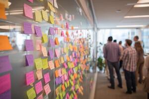 Collaborative brainstorming session featuring colorful sticky notes on a glass wall in a modern office photo