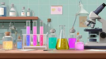 Colorful lab setup with test tubes and a microscope showcasing scientific exploration in a bright environment photo