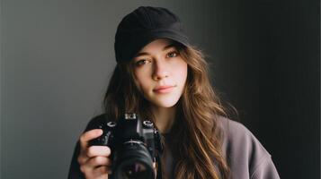 Young photographer poses with camera in a dimly lit studio, showcasing creativity and passion for capturing moments photo