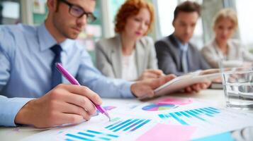 Professionals collaborating on business strategy using graphs and charts in a modern office setting during a meeting photo