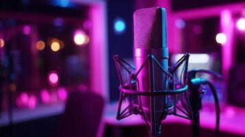 Recording studio microphone illuminated in vibrant colors during a recording session at night photo