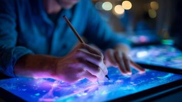 Artist creating digital art on interactive touchscreen at creative workspace during evening hours photo
