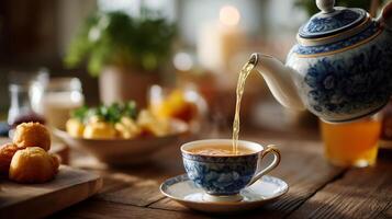 Steaming tea being poured into an elegant cup with cozy treats in a warm, inviting kitchen setting photo
