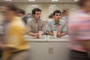 Two young men sitting at an office break room with coworkers passing by during a busy workday photo
