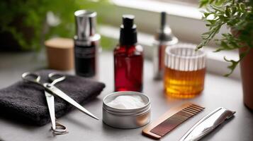 Grooming tools and products arranged neatly on a table with natural light from a nearby window photo