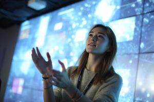 Young woman presenting innovative technology concepts in a modern workspace during a tech event in the afternoon photo