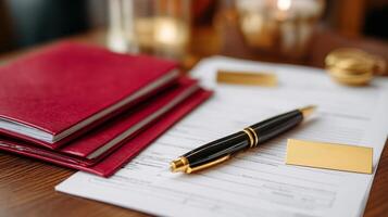 Elegant workspace featuring documents, a pen, and notebooks arranged for an organized professional setting photo